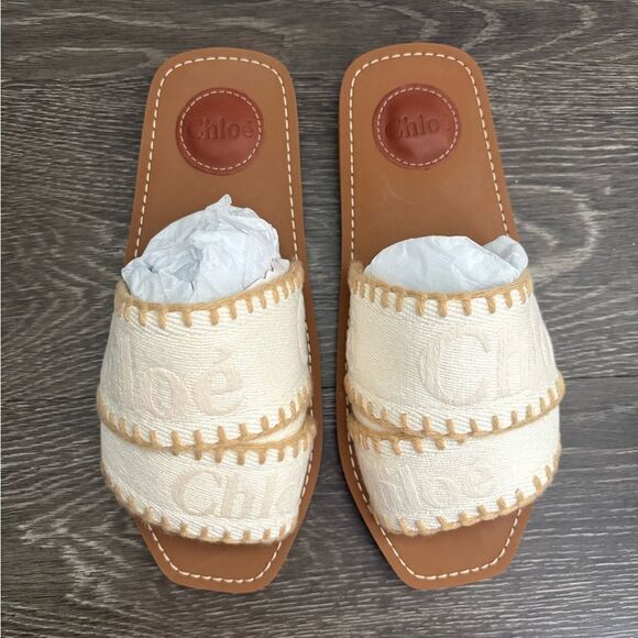 NIB Chloé X High Summer Woody Linen Logo Whipstitch Sandals Vanilla Ice 37 (7) - Picture 1 of 15